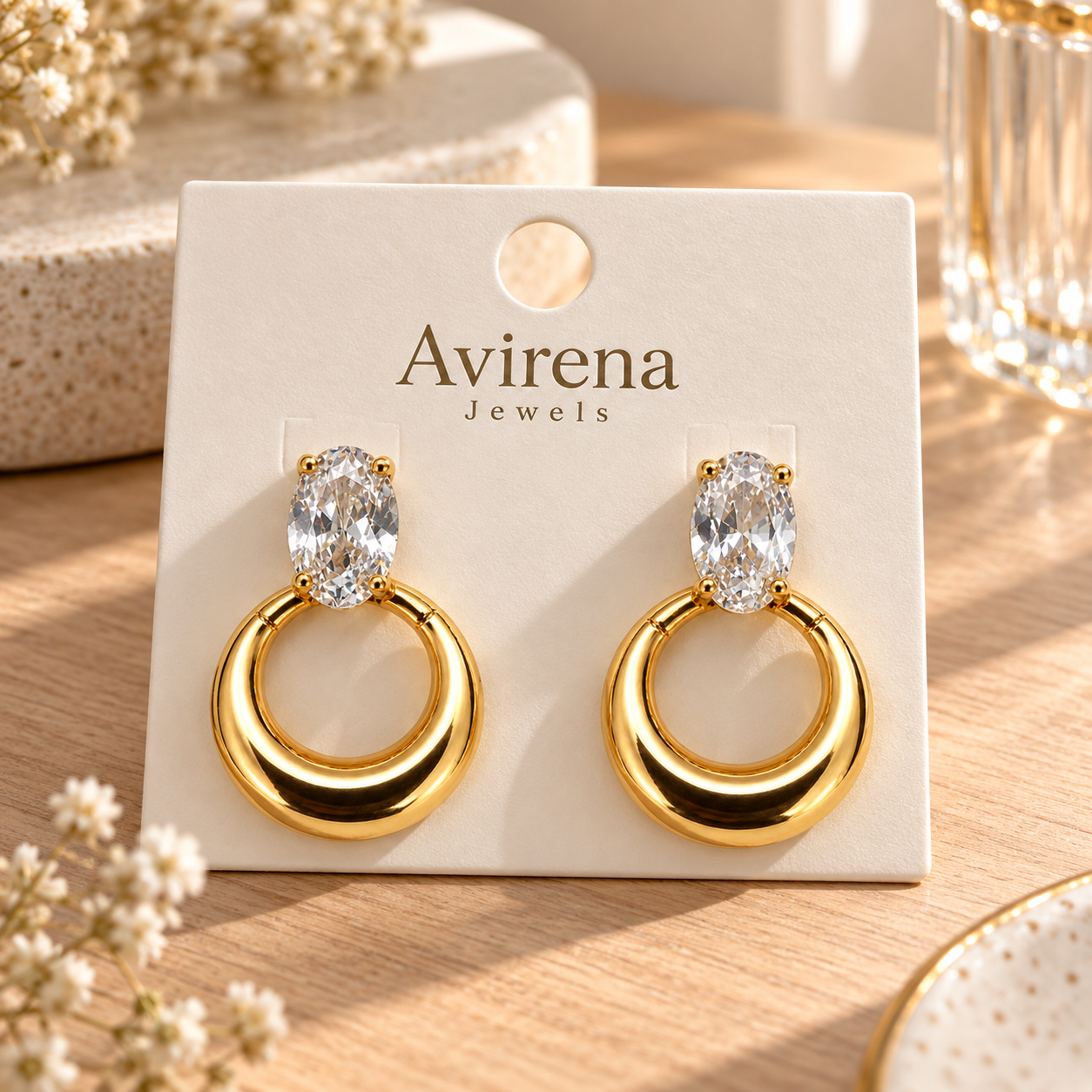 Solene Crystal Hoops anti-tarnish brass crystal hoops close-up