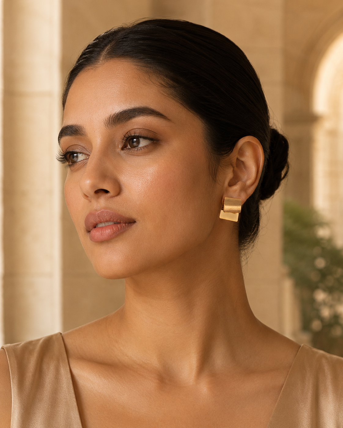 Nadir Square Studs gold-tone statement earrings styled look